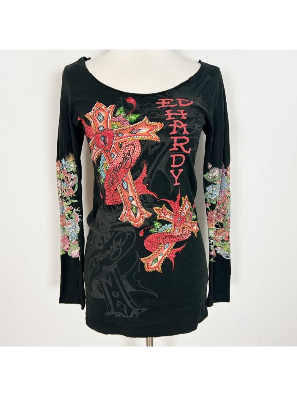 Vtg Y2K Ed Hardy Graphic Tee Double Sleeve Tattoo Long Sleeve Size Large Women's